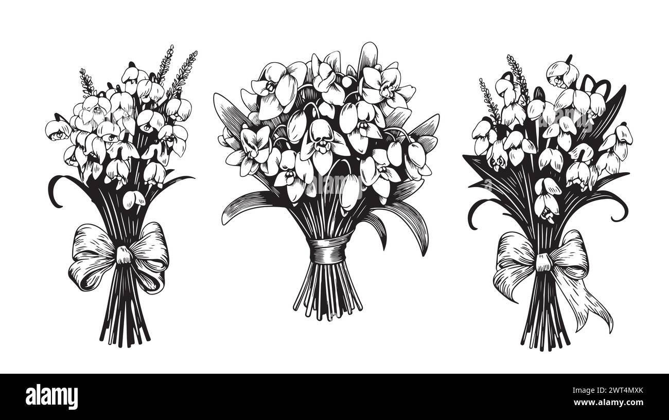 Frühlingsblumen-Kollektion. Clipart-Set mit Schneeglöckchen. Handgezeichnete Vektorillustration isoliert auf weiß. Stock Vektor