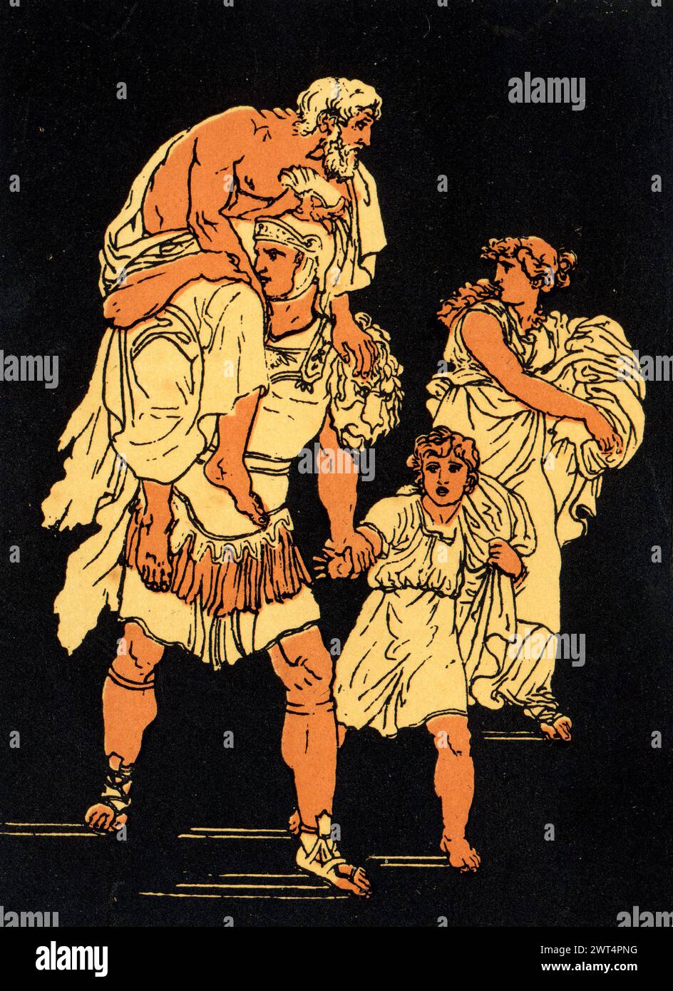 Vintage Illustration Flug aus Troja, Szene aus der Aeneid ein lateinisches Epos, das die legendäre Geschichte von Aeneas erzählt, einem Trojaner, der vor dem Fall von geflohen ist Stockfoto
