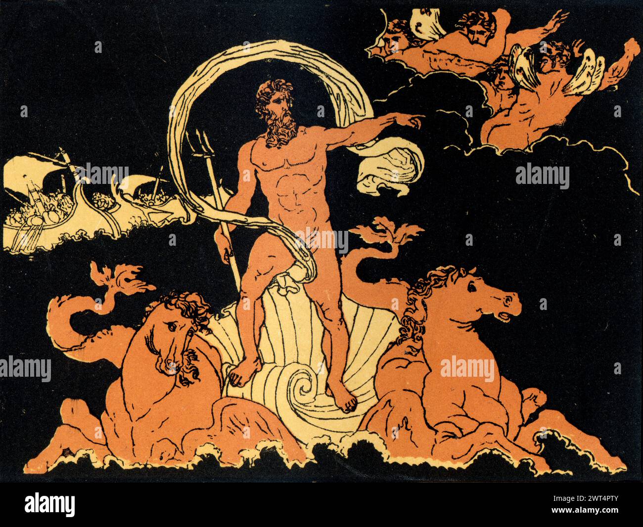 Vintage Illustration römische Mythologie, Neptun, der die Wellen stillt, Aeneid ein lateinisches Epos, das die legendäre Geschichte von Aeneas erzählt, einem Trojaner, der geflohen ist Stockfoto