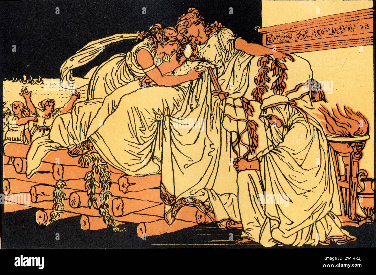 Vintage-Illustration römische Mythologie, Dido auf dem Trauerhaufen, Aeneid ein lateinisches Epos, das die legendäre Geschichte von Aeneas erzählt, einem Trojaner, der aus dem Land geflohen ist Stockfoto