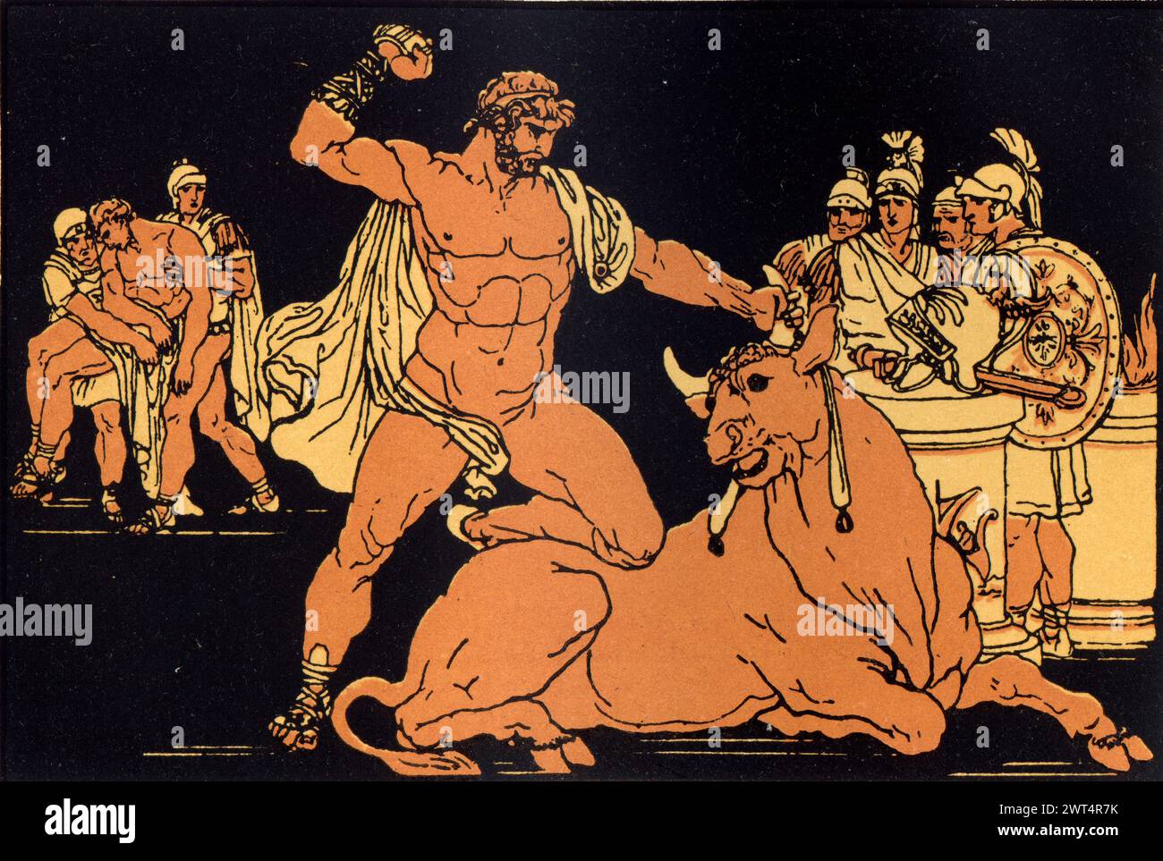 Alte Illustration römische Mythologie, Entellus tötet den Stier, Aeneid ein lateinisches Epos, das die legendäre Geschichte von Aeneas erzählt, einem Trojaner, der geflohen ist Stockfoto
