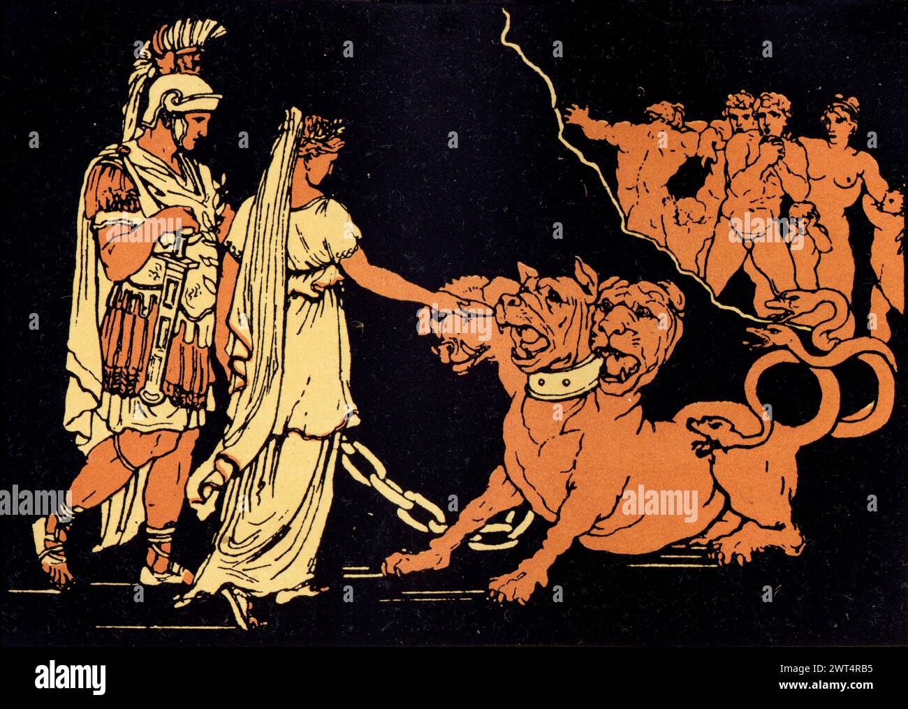Vintage Illustration römische Mythologie, Cerberus, der Hund des Hades, Aeneid ein lateinisches Epos, das die legendäre Geschichte von Aeneas erzählt, einem Trojaner, der fl Stockfoto