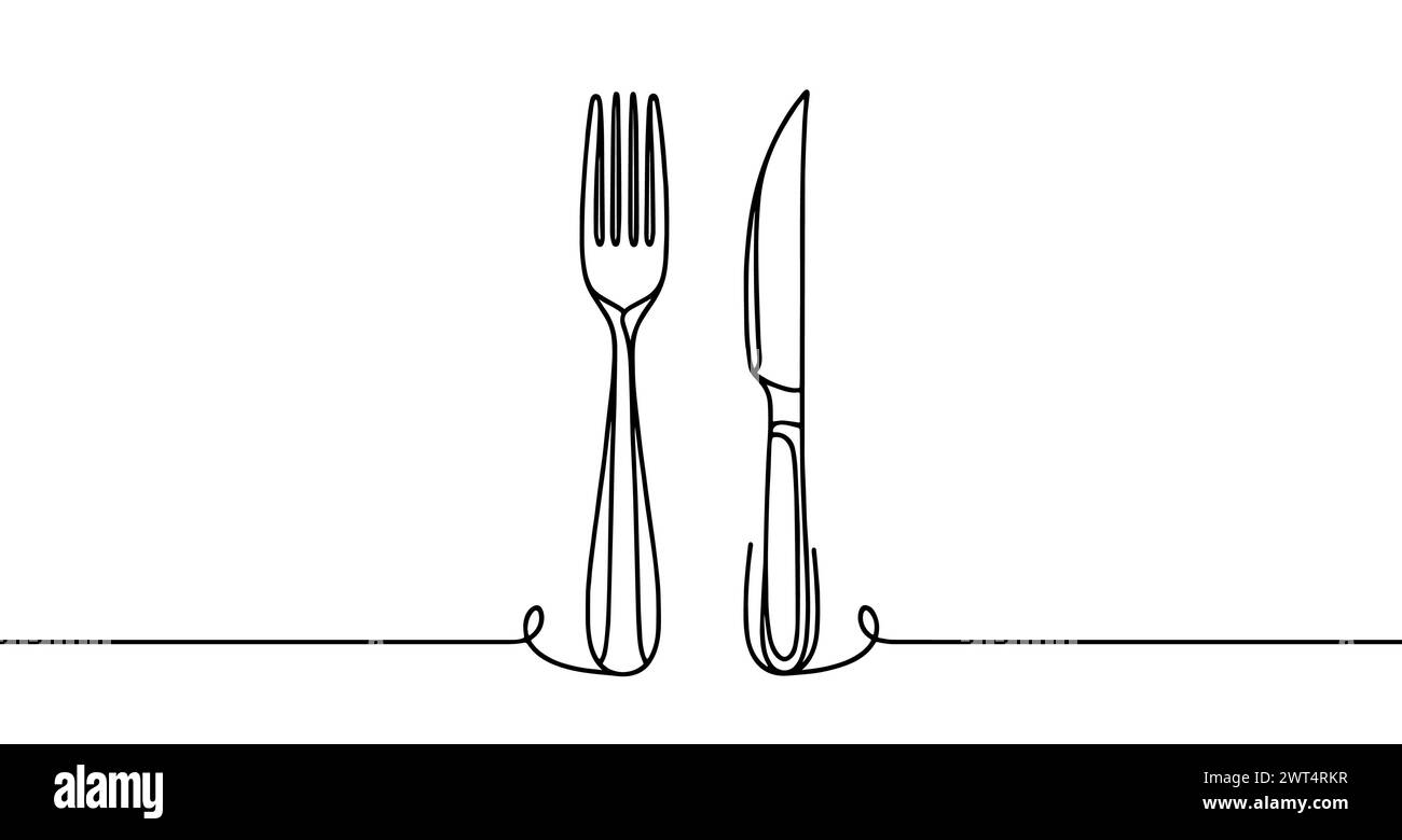 Messer und Gabel. Handgezeichnetes Besteck. Abstraktes Linearmesser und Gabel isoliert auf weiß Stock Vektor