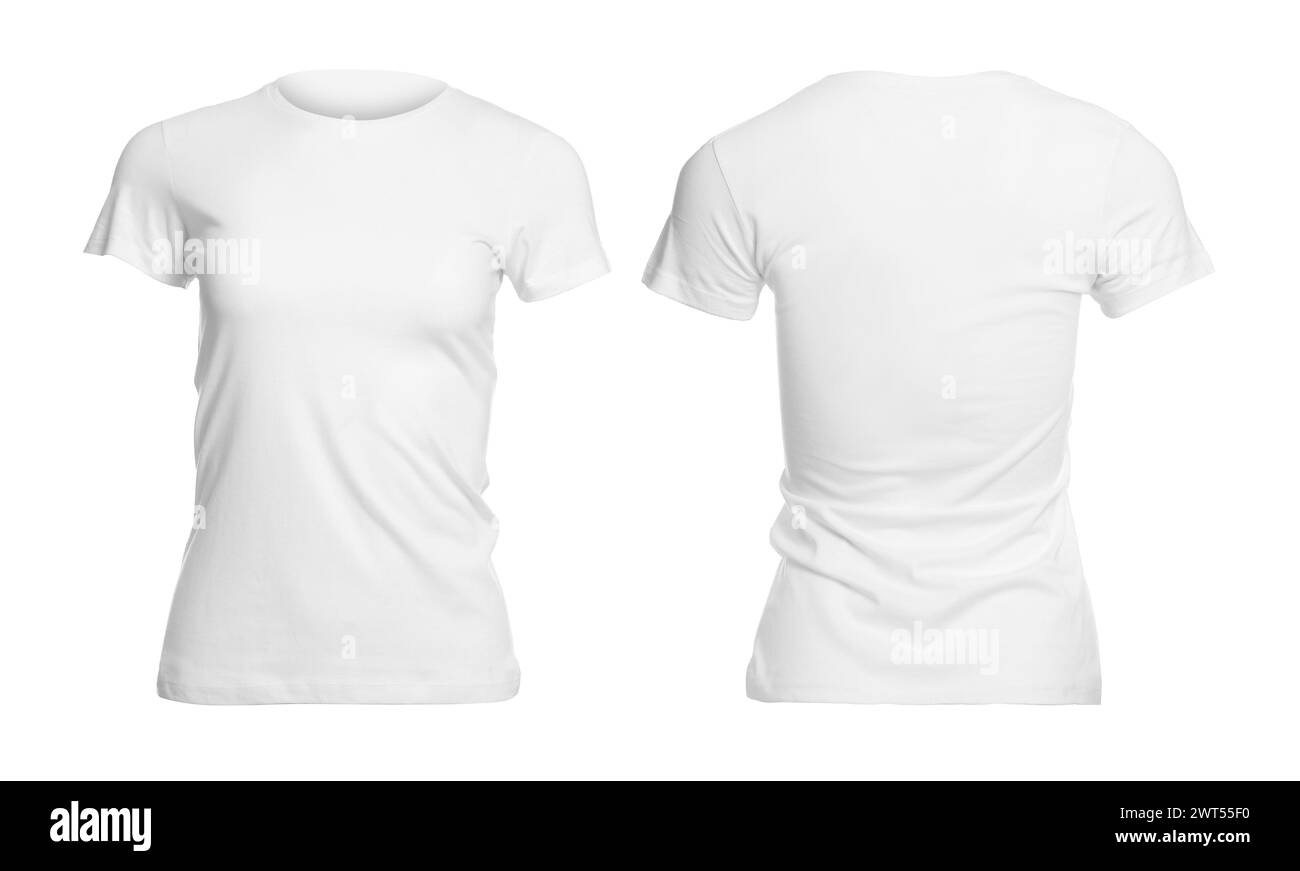 T-Shirt mit Platz für Design isoliert auf weiß. Rückansicht und Vorderansicht Stockfoto