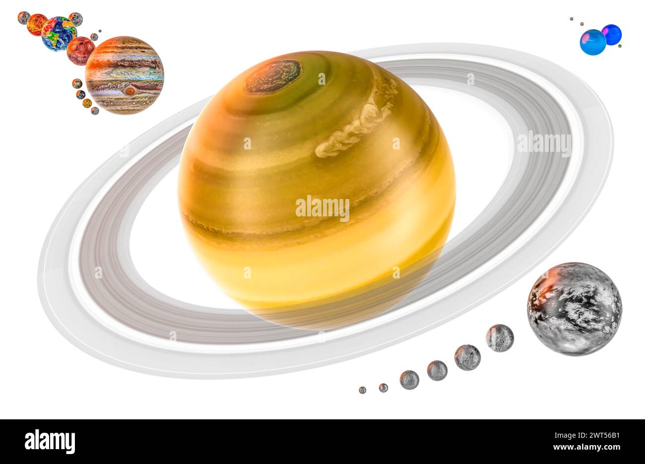 Saturn und Satelliten mit realistischer Textur und Sonnensystem, 3D-Rendering isoliert auf weißem Hintergrund Stockfoto