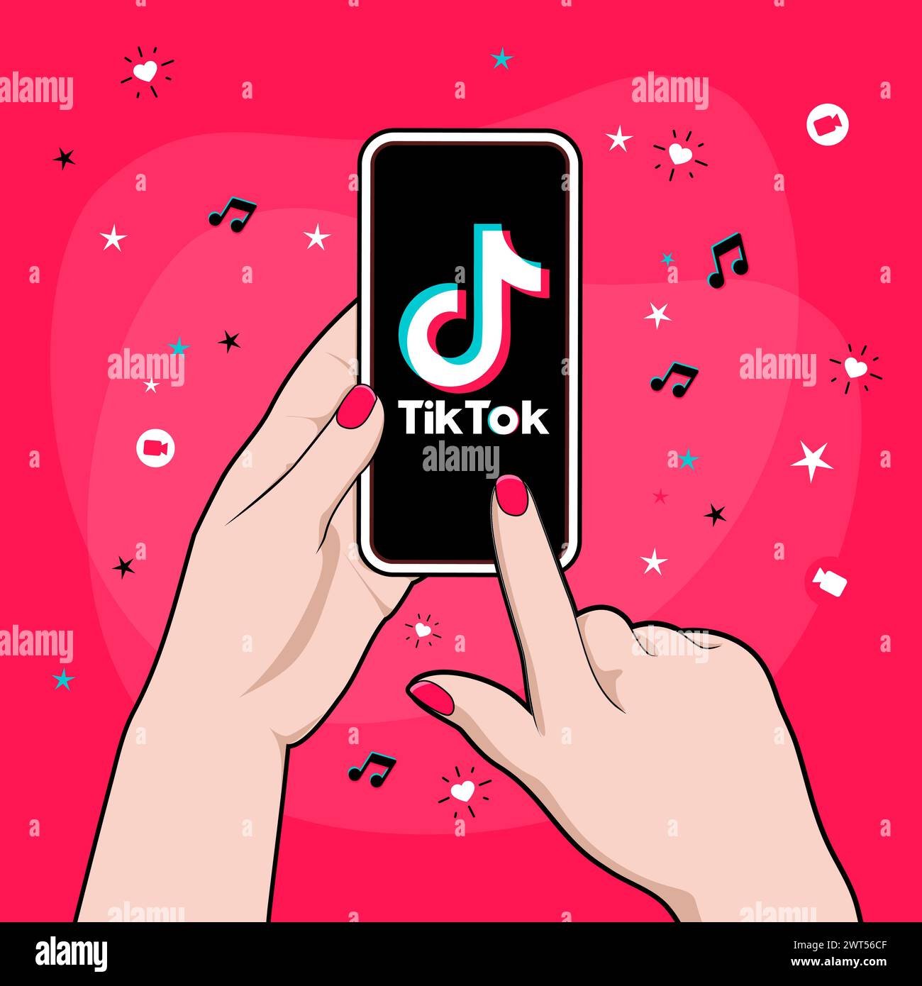 Hand einer Frau, die ein Smartphone mit TikTok-Logo auf dem Bildschirm hält. Unterhaltung kurze Video Social Network. Vektorillustration mit Jugendkonzept. Stock Vektor