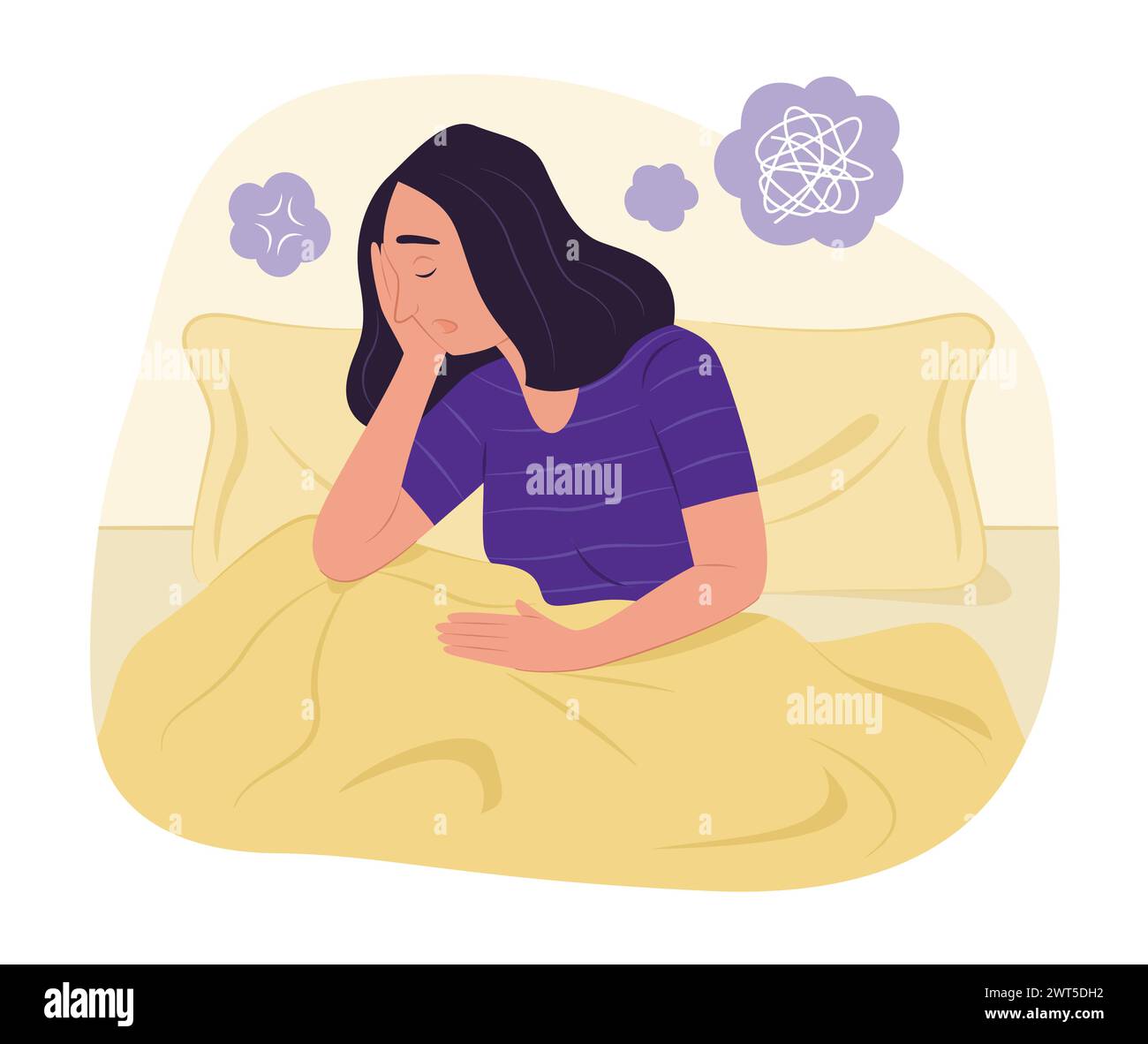 Depressive Frau sitzend im Bett mit emotionalem Stress für mentale Gesundheit Konzept Illustration Stock Vektor