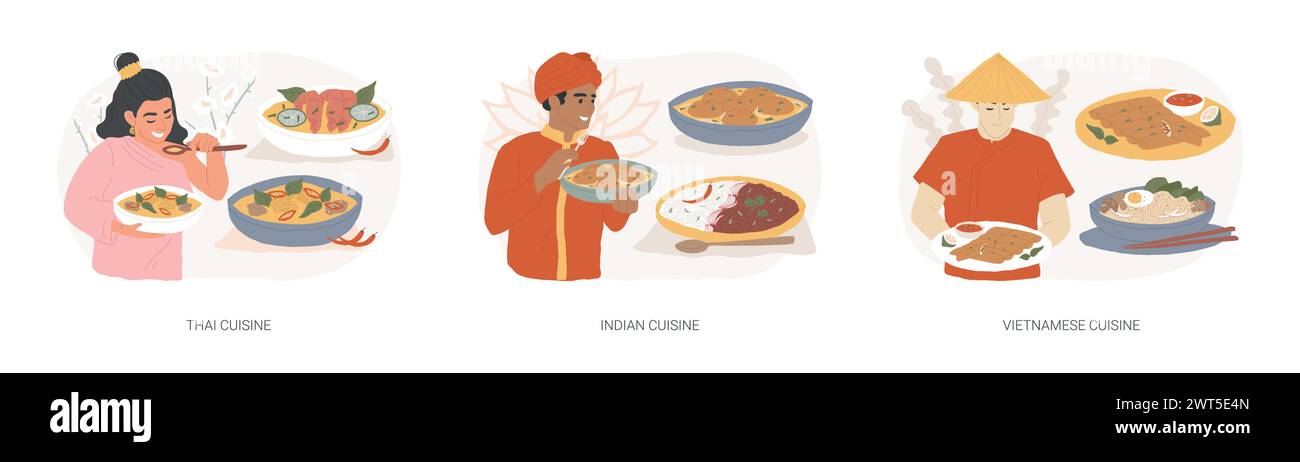 Orientalische Küche isoliertes Konzept Vektor Illustration Set. Thailändische, indische und vietnamesische Küche, würziger Geschmack, asiatisches Rezept, hausgemachtes Curry, vegetarisches Menü, Federrolle, Nudelvektorkonzept. Stock Vektor