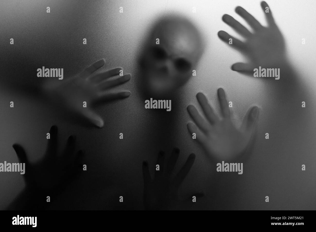 Silhouette eines gruseligen Geistes mit Schädel hinter Tuch. Schwarzweiß-Effekt Stockfoto