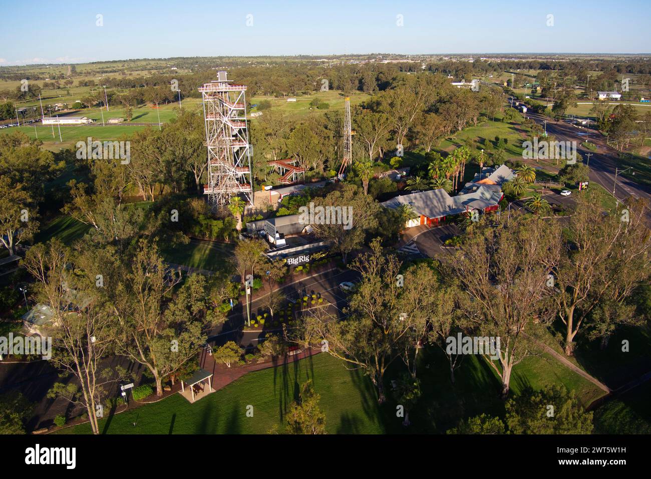 Luftaufnahme des Big Rig Tourist Information Centre Roma Queensland Australien Stockfoto
