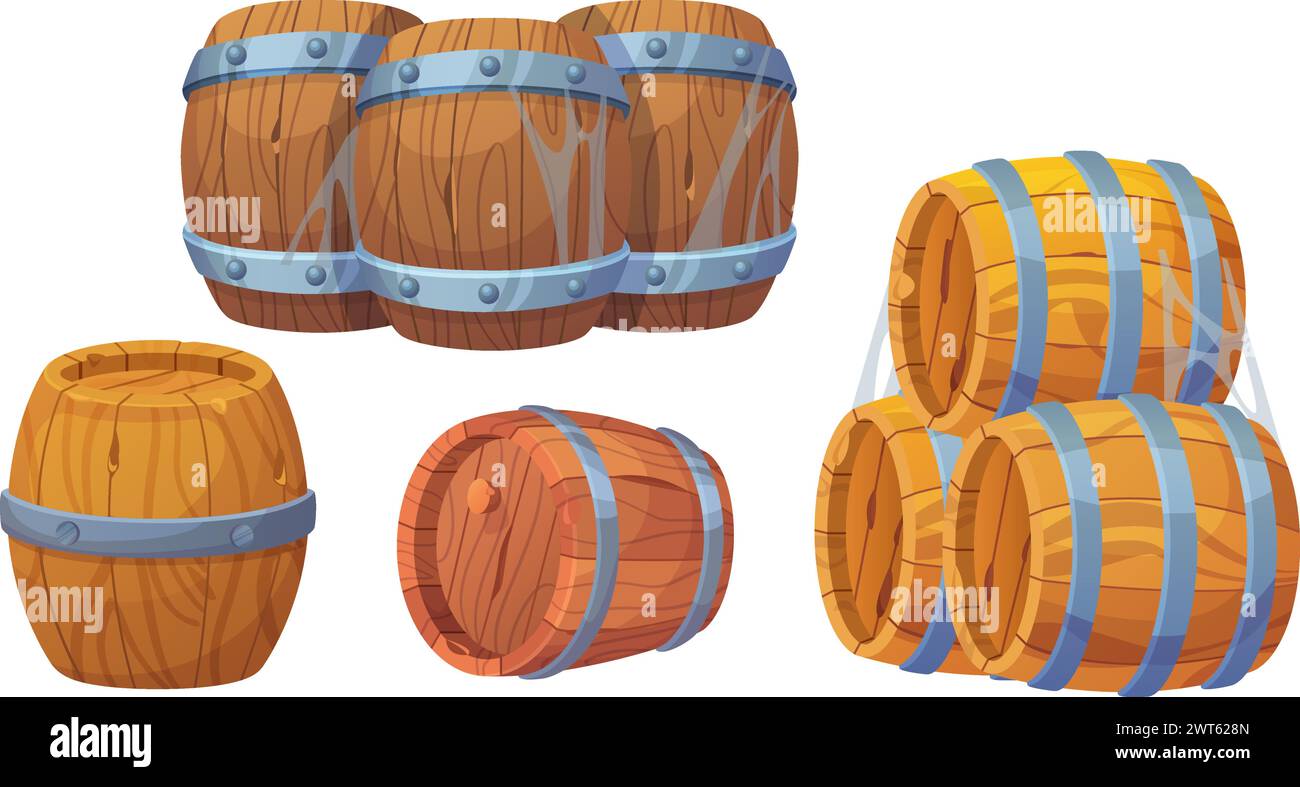 Alte Holzfässer mit Metallringen für die Herstellung von Wein und Whiskey, Schießpulver und tnt-Lagerung. Zeichentrickvektor-Illustration Set von altem Holzfass. Vintag Stock Vektor