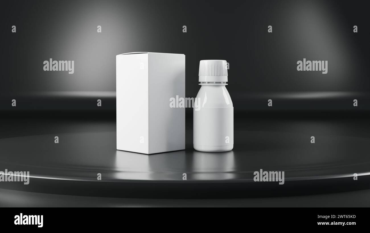 3D-Modell für leere Arzneimittelflasche auf schwarzem Hintergrund Stockfoto