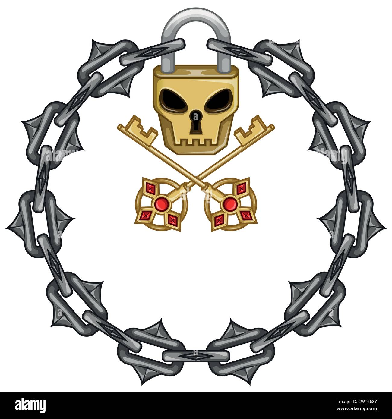Vektordesign Schädelförmiges Vorhängeschloss mit Schlüsseln und Schneidketten, Kreis mit Kette und schädelförmiges Vorhängeschloss für Dungeons Stock Vektor