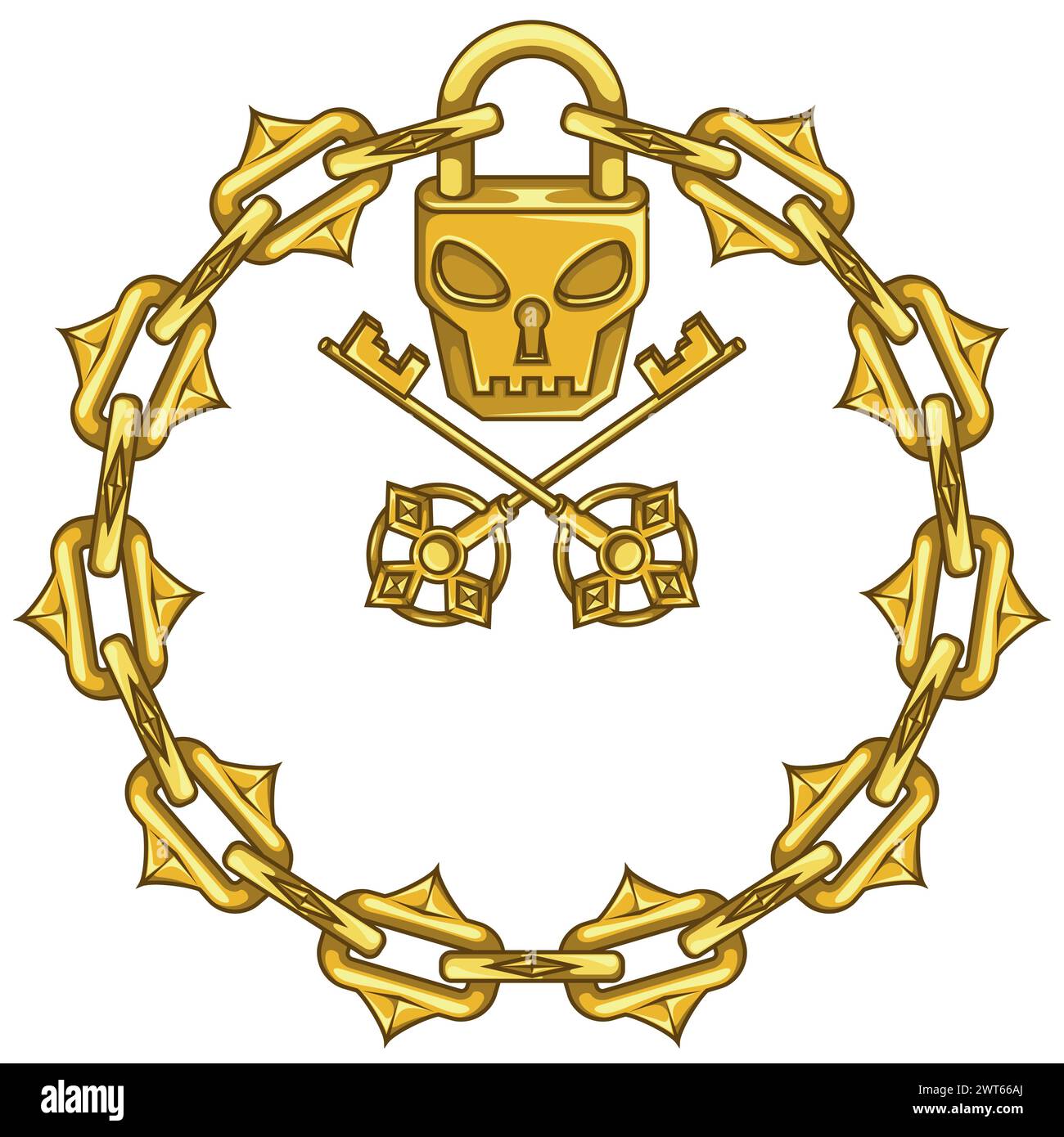 Vektordesign Schädelförmiges Vorhängeschloss mit Schlüsseln und Schneidketten, Kreis mit Kette und schädelförmiges Vorhängeschloss für Dungeons Stock Vektor