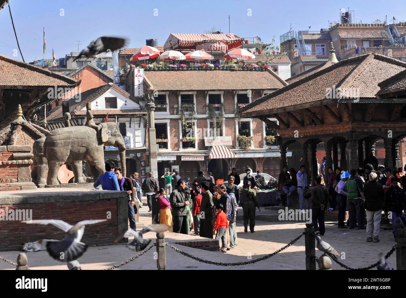 Lebhafter Platz vor traditionellen Gebäuden mit fliegenden Tauben, Kathmandu-Tal. Kathmandu, Nepal Stockfoto