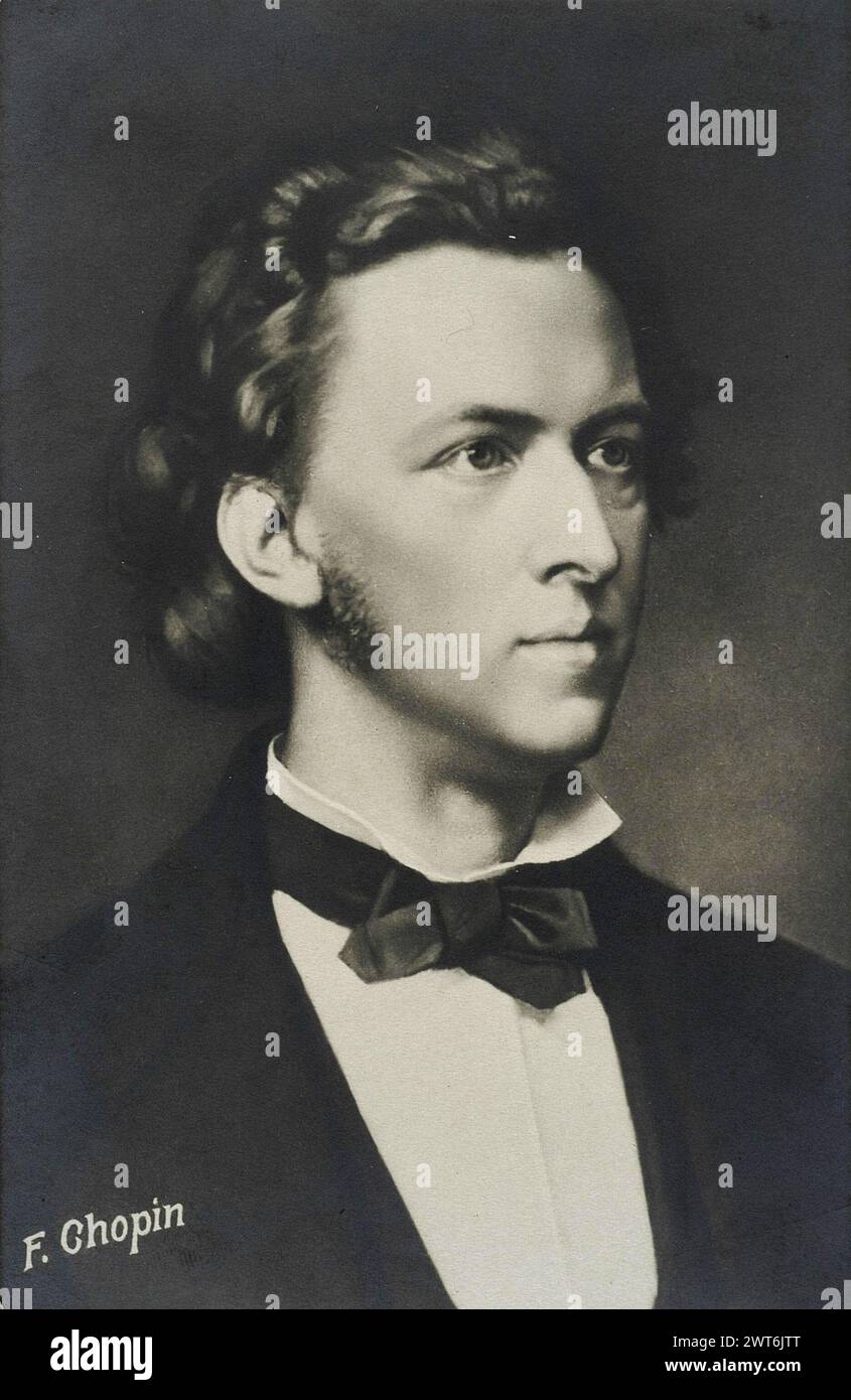 Schwarz-weiße Postkarte mit Porträt des polnischen Komponisten und Pianisten Frederic Chopin Stockfoto