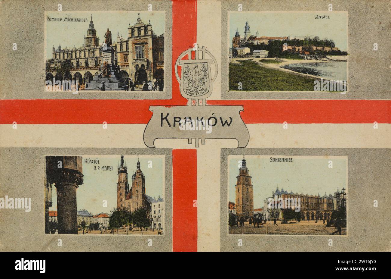 Collage von Vintage-Farbpostkarten historischer Gebäude Wahrzeichen in Krakau, Polen, Europa Stockfoto