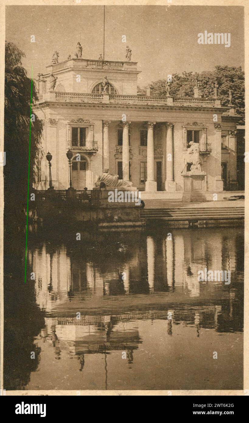 Vintage-Postkarte mit Blick auf den Königspalast oder Palast auf der Insel im Lazienki-Park, Warschau, Polen, Europa Stockfoto