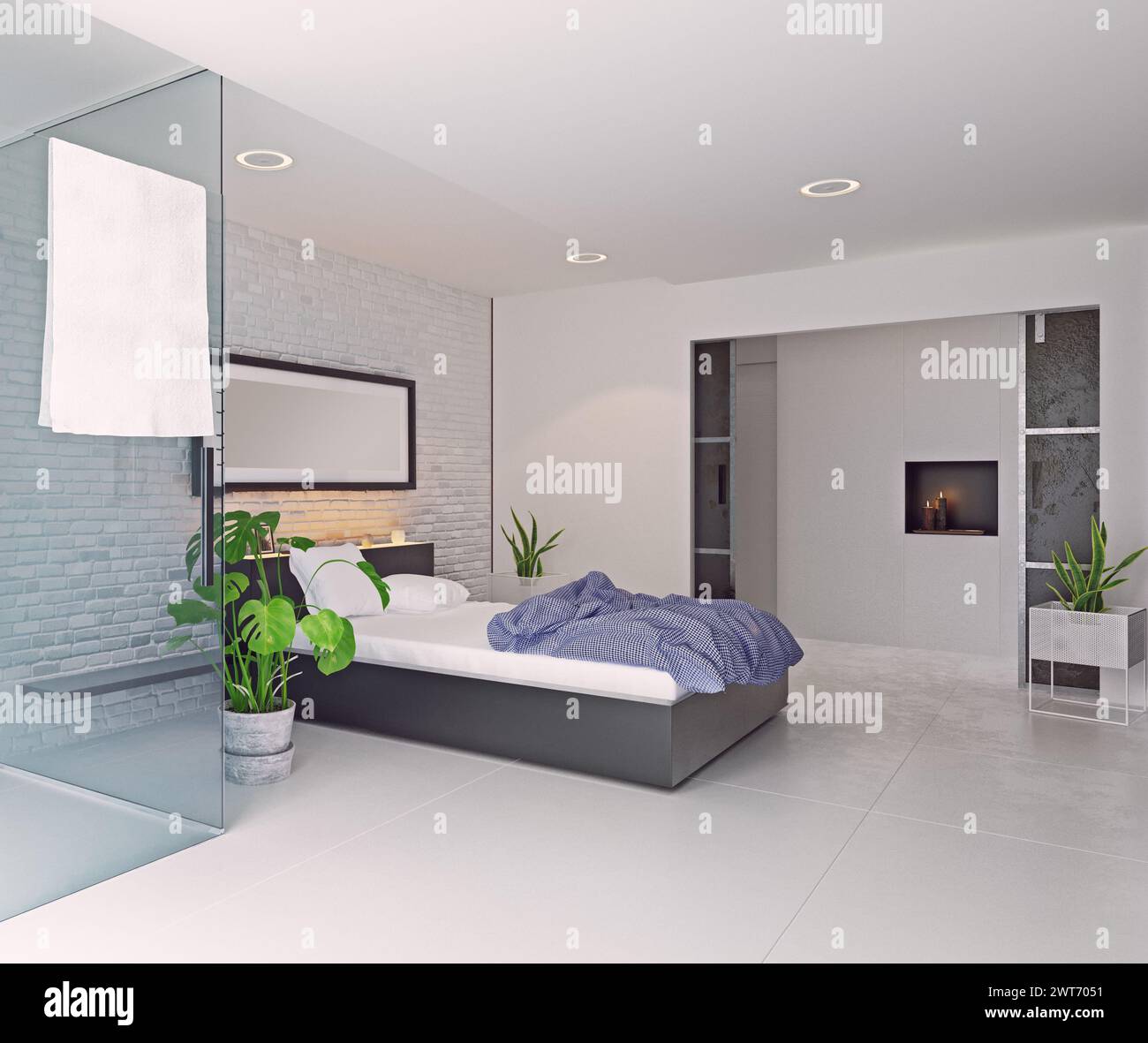 Moderne Inneneinrichtung des Schlafzimmers. 3D-Rendering-Konzept Stockfoto