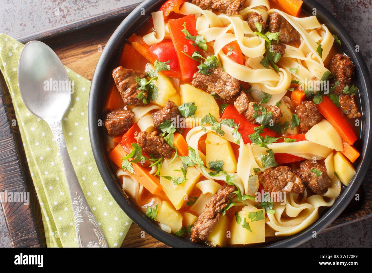 Lagman oder Laghman dicke wärmende Rindfleischsuppe mit hausgemachten Nudeln und Gemüse aus der Nähe auf dem Teller auf dem Holzbrett. Horizontale Draufsicht von oben Stockfoto