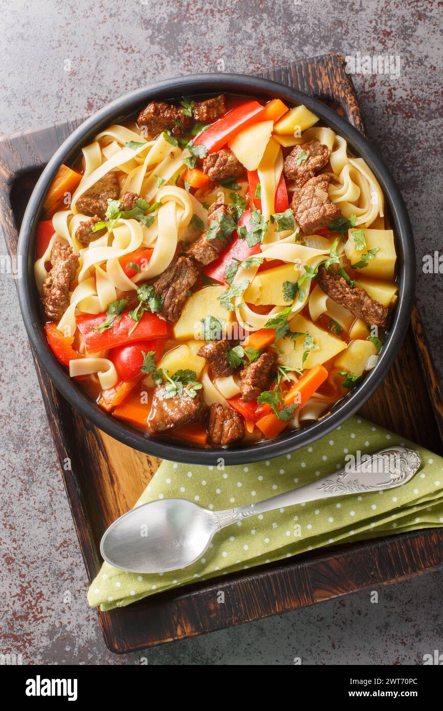 Lagman Usbek ist eine duftende Suppe mit Nudeln und Lammstücken, Gemüse und Kräutern aus der Nähe auf dem Teller auf dem Holzbrett. Vertikale Draufsicht Stockfoto