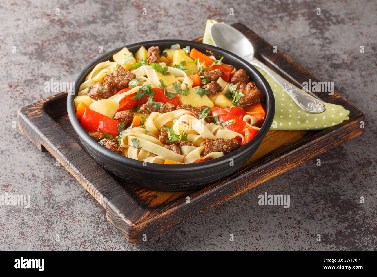 Lagman oder Laghman dicke wärmende Rindfleischsuppe mit hausgemachten Nudeln und Gemüse aus der Nähe auf dem Teller auf dem Holzbrett. Horizontal Stockfoto