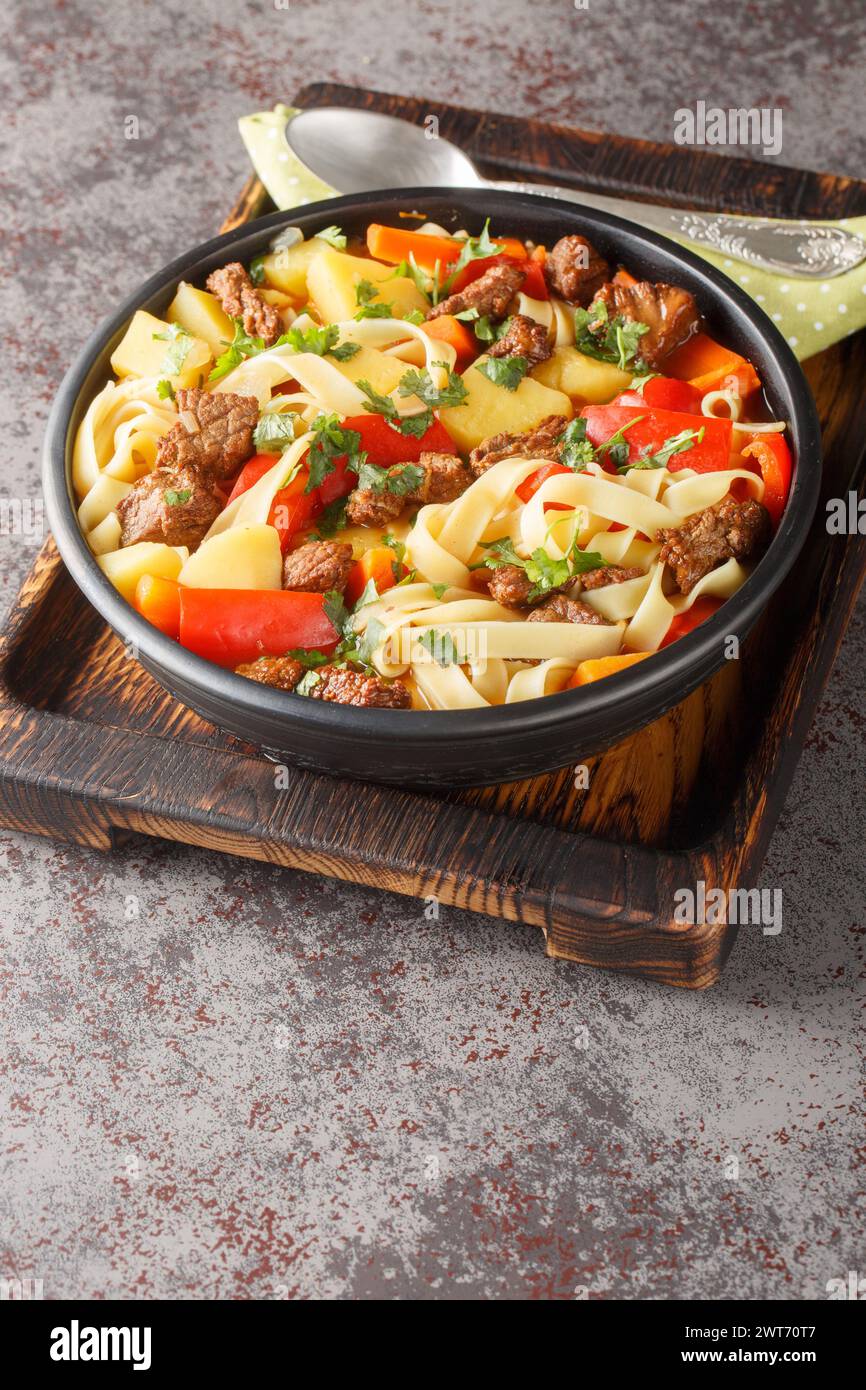 Lagman-Suppe mit Rindfleisch, Nudeln, Paprika, Kartoffeln, Karotten, Zwiebeln und Kräuter Nahaufnahme auf dem Teller auf dem Holzbrett. Vertikal Stockfoto
