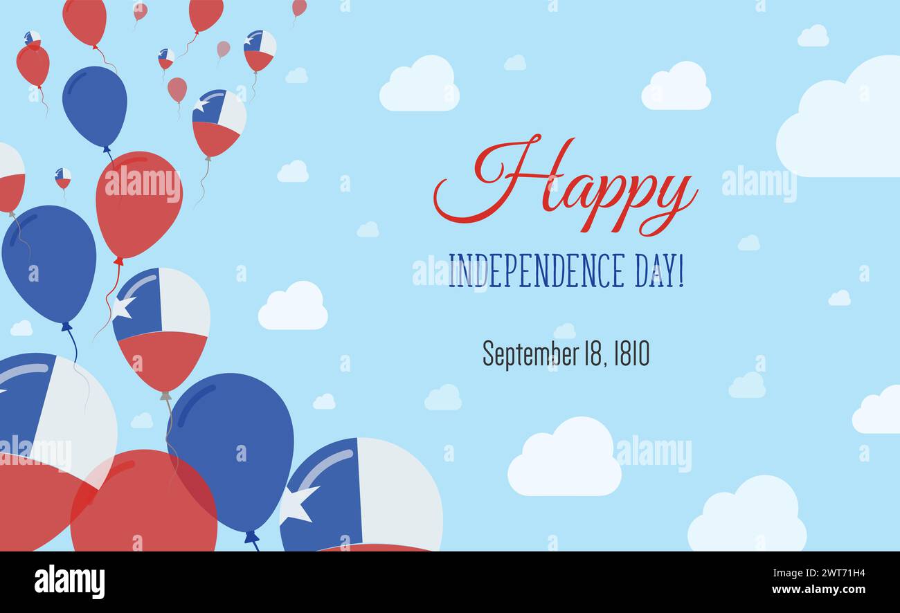 Chilenische Unabhängigkeitsplakat Mit Funkelndem Patriotischem Poster. Reihe von Ballons in den Farben der chilenischen Flagge. Grußkarte mit Nationalflaggen, Blue Skyes und Cl Stock Vektor