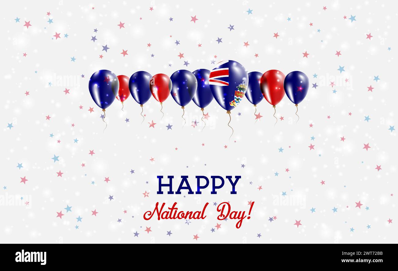 Glitzerndes Patriotisches Poster Zum Unabhängigkeitstag Der Cayman Islands. Ballonreihe in den Farben der Caymanischen Flagge. Grußkarte mit Nationalflaggen, Confet Stock Vektor