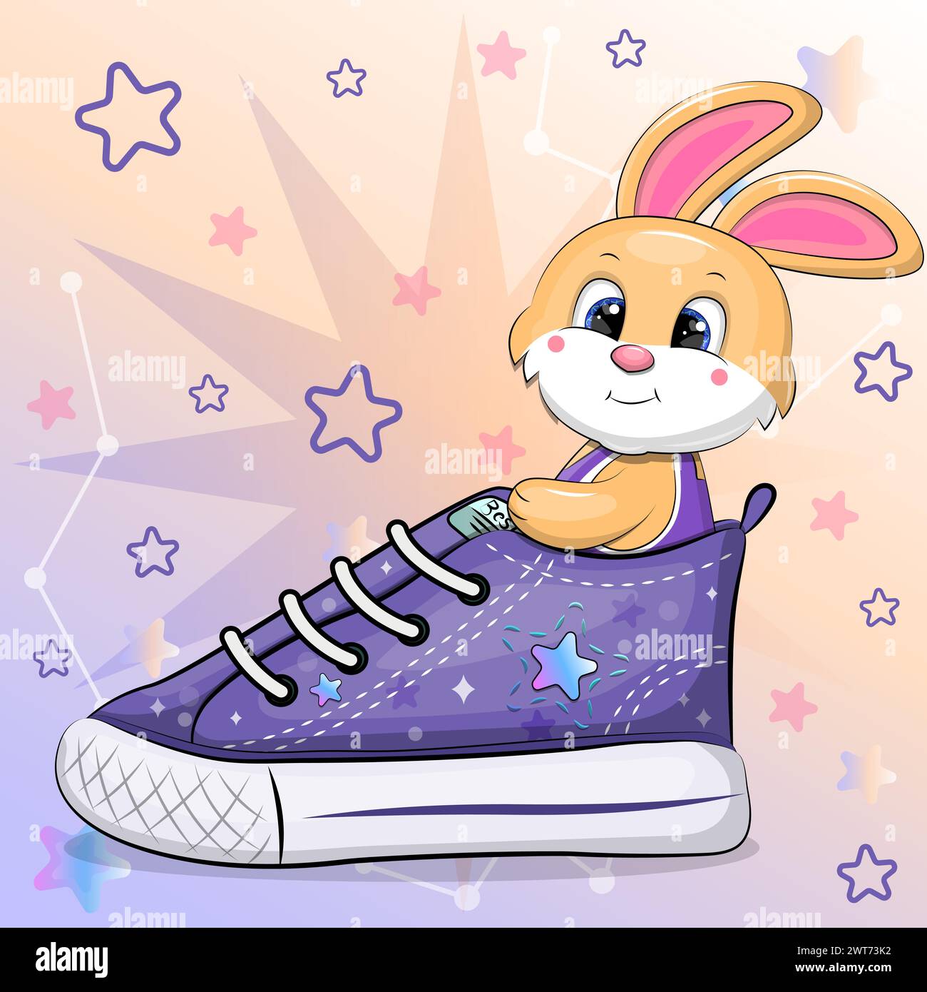 Ein süßes Karikaturkaninchen mit einem Sneaker. Vektorillustration eines Tieres auf einem bunten Hintergrund mit Sternen. Stock Vektor