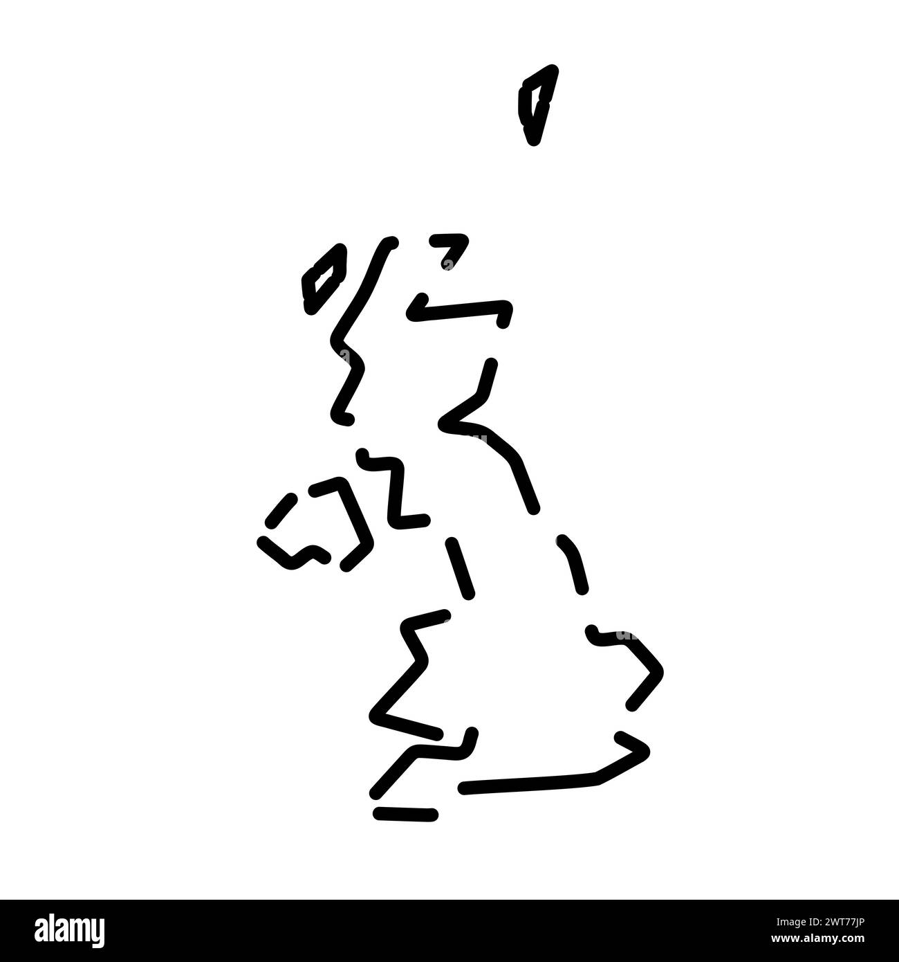 Vereinfachte Landkarte des Vereinigten Königreichs Großbritannien und Nordirland. Schwarze gebrochene Kontur auf weißem Hintergrund. Einfaches Vektorsymbol Stock Vektor