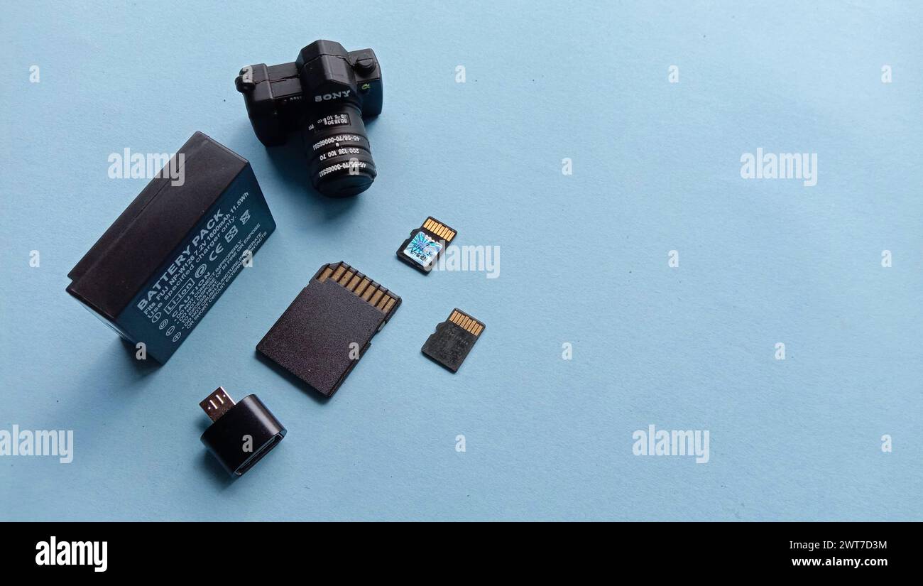 Wadaslintang, 24. Februar 2021, Fotospeicherkarte, Maus, Flash-Disk, Kamera-Akku, SD-Karte in schwarzer Speicherkarte, Maus, Blitz, Kamera-Akku, SD c Stockfoto