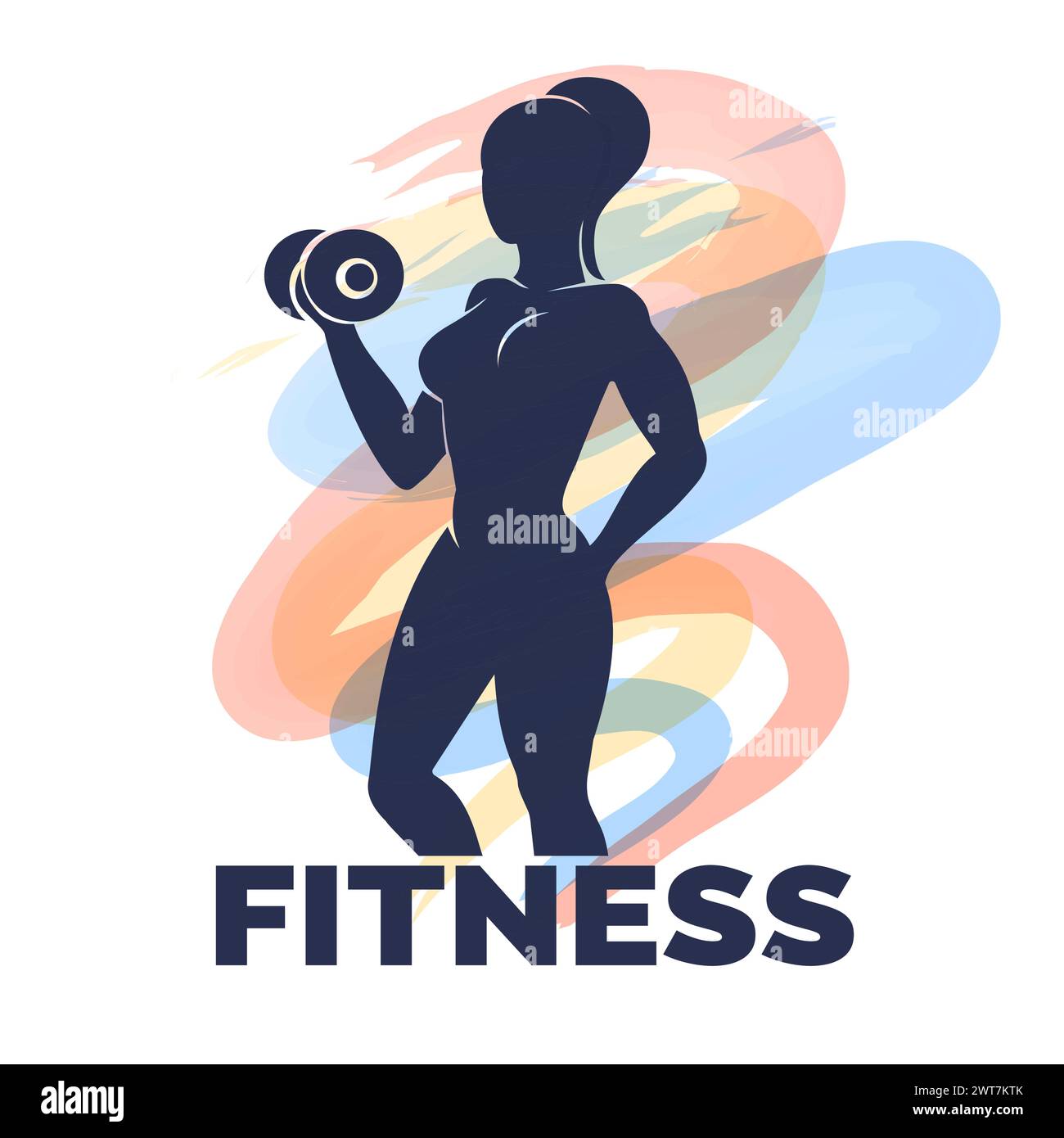 Logo oder Emblem des Fitnessklubs. Frau hält Kurzhantel gegen mehrfarbige Kurven isoliert auf weißem Hintergrund Vektorillustration. Es wurde keine AI verwendet. Stock Vektor