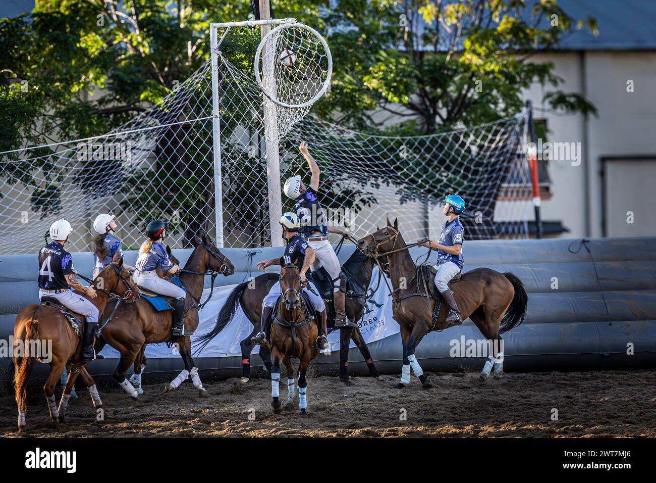 Der Spanier Gil Carbones vom Cavalier Team erzielte ein Tor beim Open Horseball Argentina, der im Regimiento de Granaderos a Caballo ausgetragen wurde. Das Internationale Turnier „Open Horseball Argentina“ wurde am 7., 8. Und 9. März im Regimiento de Granaderos a Caballo General San Martín in Buenos Aires ausgetragen. Es war der Auftakt zur Horseball-Weltmeisterschaft 2025 in Argentinien. An jedem Datum wurden drei Spiele ausgetragen. Die Teams bestanden aus Spielern aus verschiedenen Ländern. Das Finale fand am Samstag, dem 9. März, statt, wo das Team Cavalier gewann Stockfoto