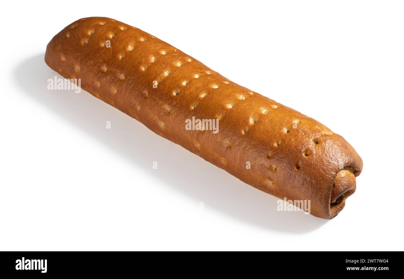 Eine Nahaufnahme eines traditionellen deutschen Nussbrotes, ein süßes geflochtenes Brot, gefüllt mit einer reichhaltigen Walnusspaste. Dieses festliche Gebäck ist perfekt für den Urlaub oder einen Stockfoto