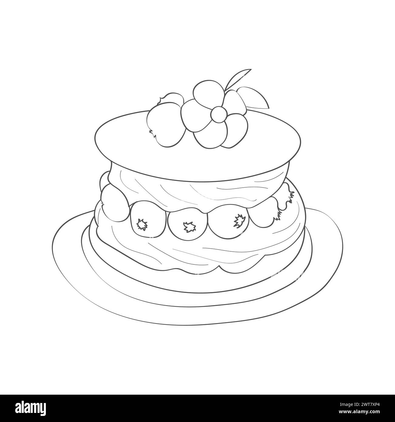 Eine handgezeichnete Illustration eines Kuchens mit Kirschen auf den cremigen Schichten, die detaillierte Pinselstriche und künstlerisches Flair zeigen Stock Vektor