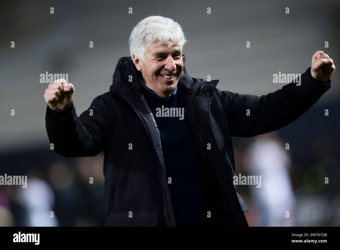 Bergamo, Italien. 14. März 2024. Gian Piero Gasperini, Cheftrainer von Atalanta BC, feiert den Sieg am Ende des Achtelfinale der UEFA Europa League zwischen Atalanta BC und Sporting CP. Quelle: Nicolò Campo/Alamy Live News Stockfoto