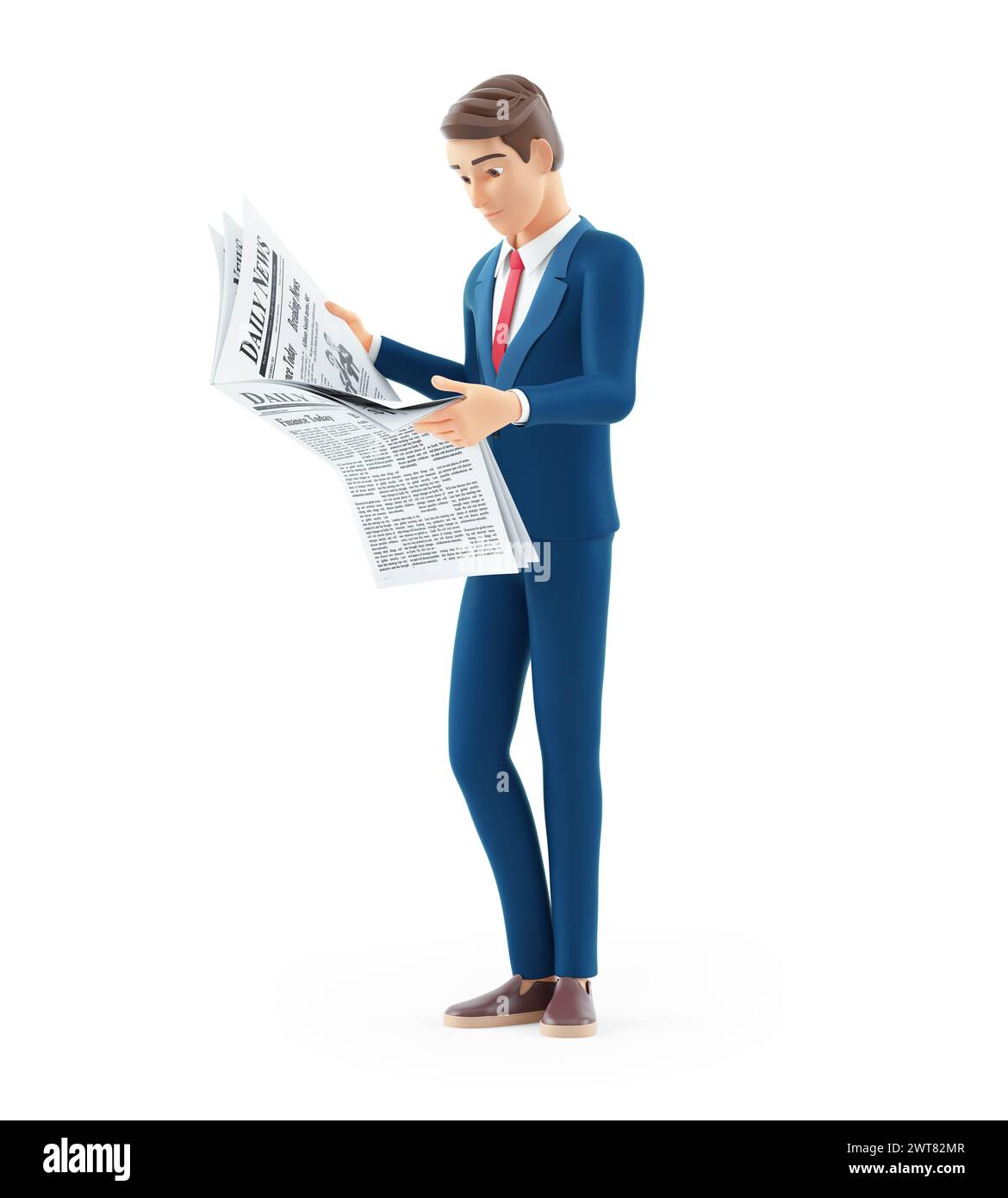 3D-Comic-Geschäftsmann, der eine Zeitung liest, Illustration isoliert auf weißem Hintergrund Stockfoto