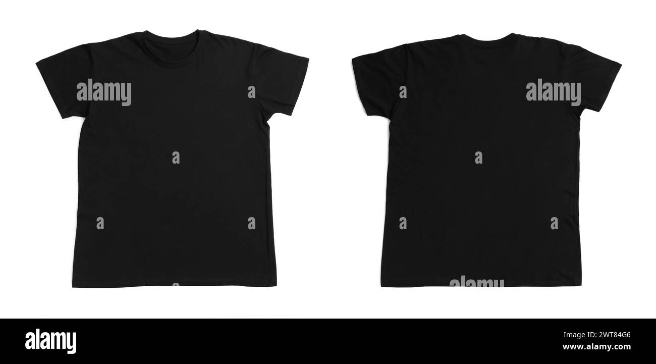 Schwarzes T-Shirt mit Platz für Design, isoliert auf weiß. Rückansicht und Vorderansicht Stockfoto