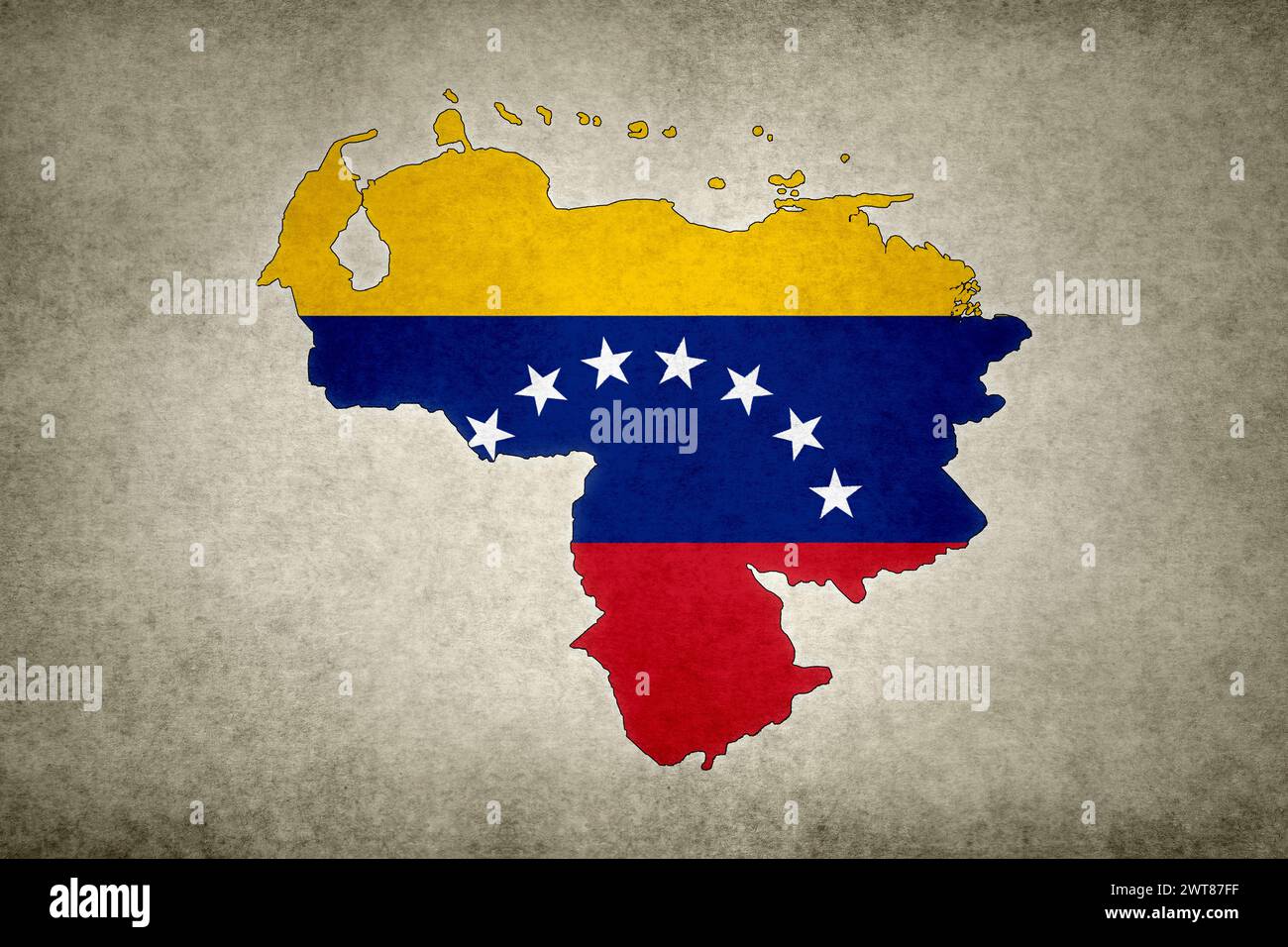 Grunge-Karte von Venezuela mit der Flagge innerhalb der Grenze auf einem alten Papier gedruckt. Stockfoto
