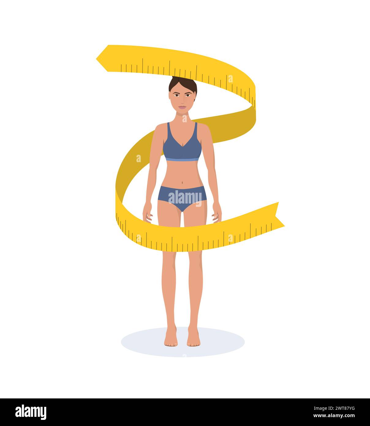 Fette und dünne Frauen-Gewichtsreduktion-Konzept. Ernährung und Fitness. Vor und nach Körperform, das Mädchen misst ihre schlanke Taille. Stock Vektor