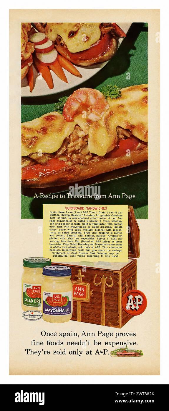 Surfboard-Sandwiches: Pressewerbung in der amerikanischen Vintage-Zeitschrift Stockfoto