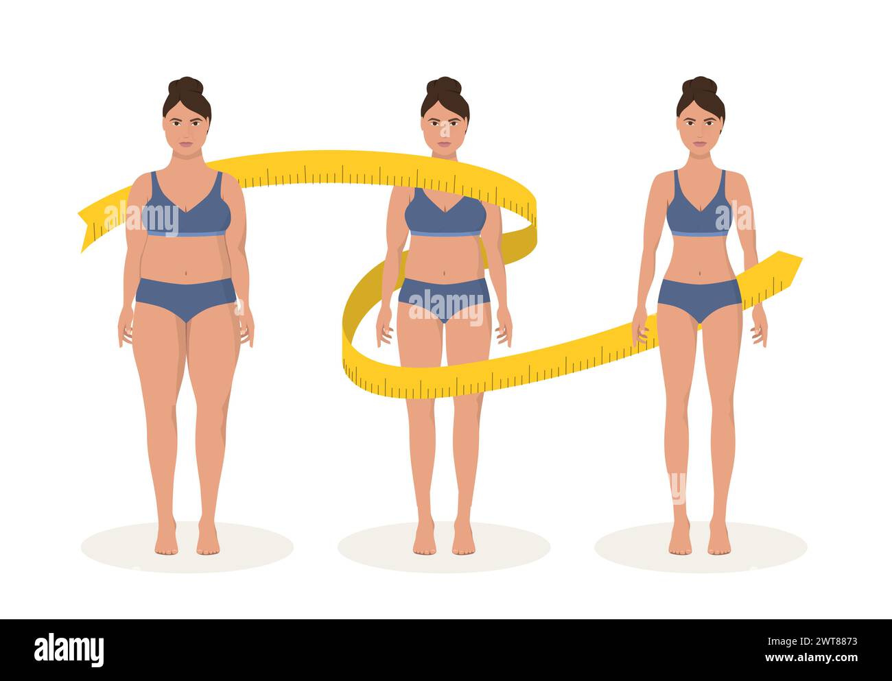 Fette und dünne Frauen-Gewichtsreduktion-Konzept. Ernährung und Fitness. Vor und nach Körperform, das Mädchen misst ihre schlanke Taille. Stock Vektor