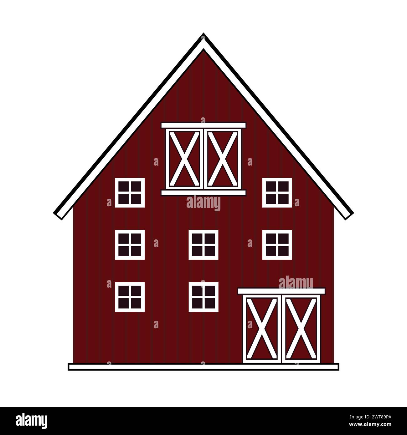Rote Holzscheune mit Fenstern und Türen, mehrere Etagen. Isolierte Vektorillustration auf weißem Hintergrund Stock Vektor