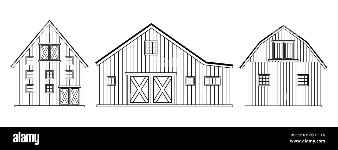 Ein Set aus schwarzem Doodle-Cartoon allein aus Holzscheehäusern, Dächern, Fenstern und Türen mit überkreuzten weißen Brettern. Vektorkontur isoliert handgezeichnet Stock Vektor