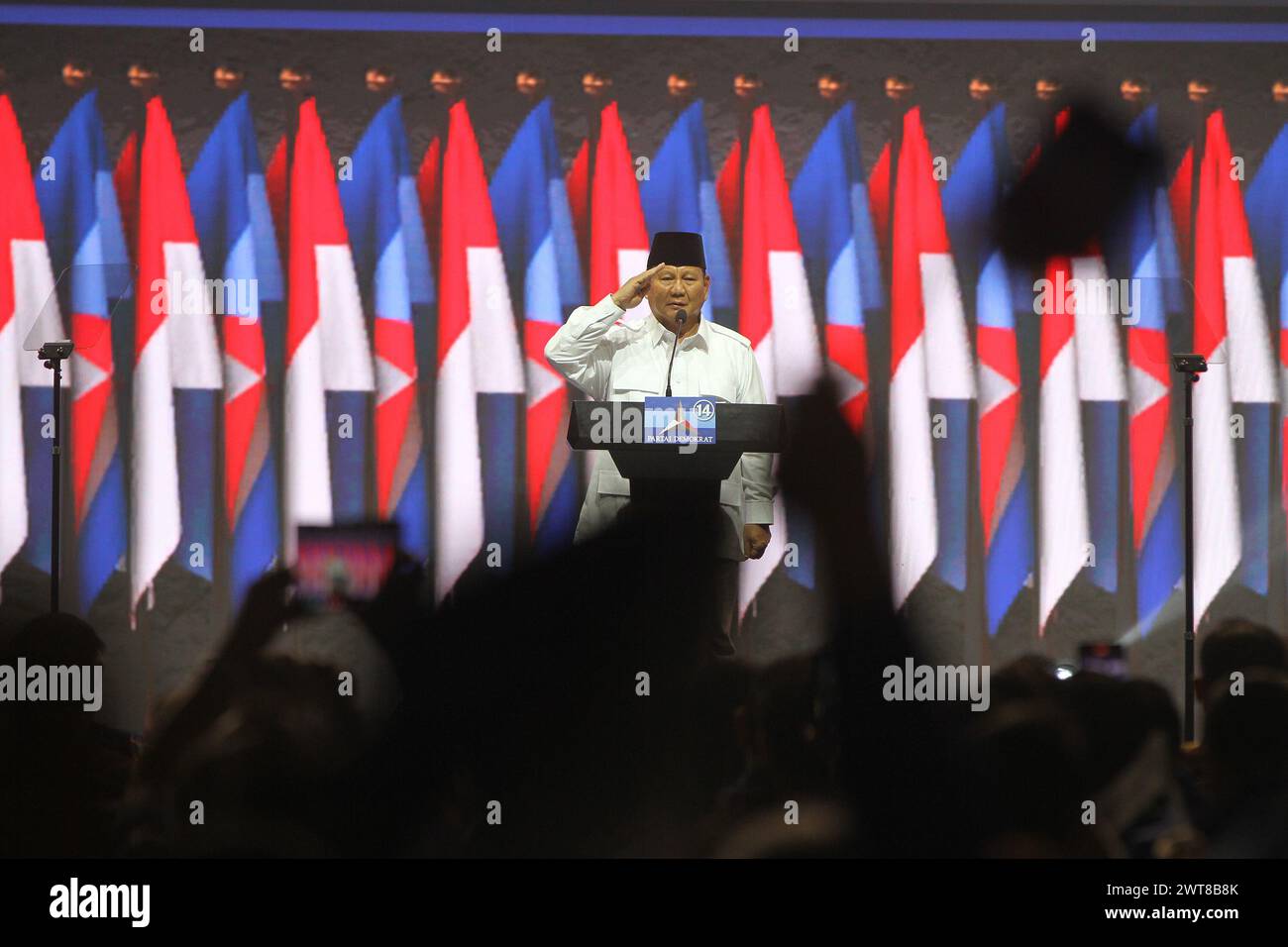 Indonesischer Präsidentschaftskandidat Prabowo Subianto, während er an Aktivitäten der demokratischen Partei in Jakarta teilnahm. Stockfoto