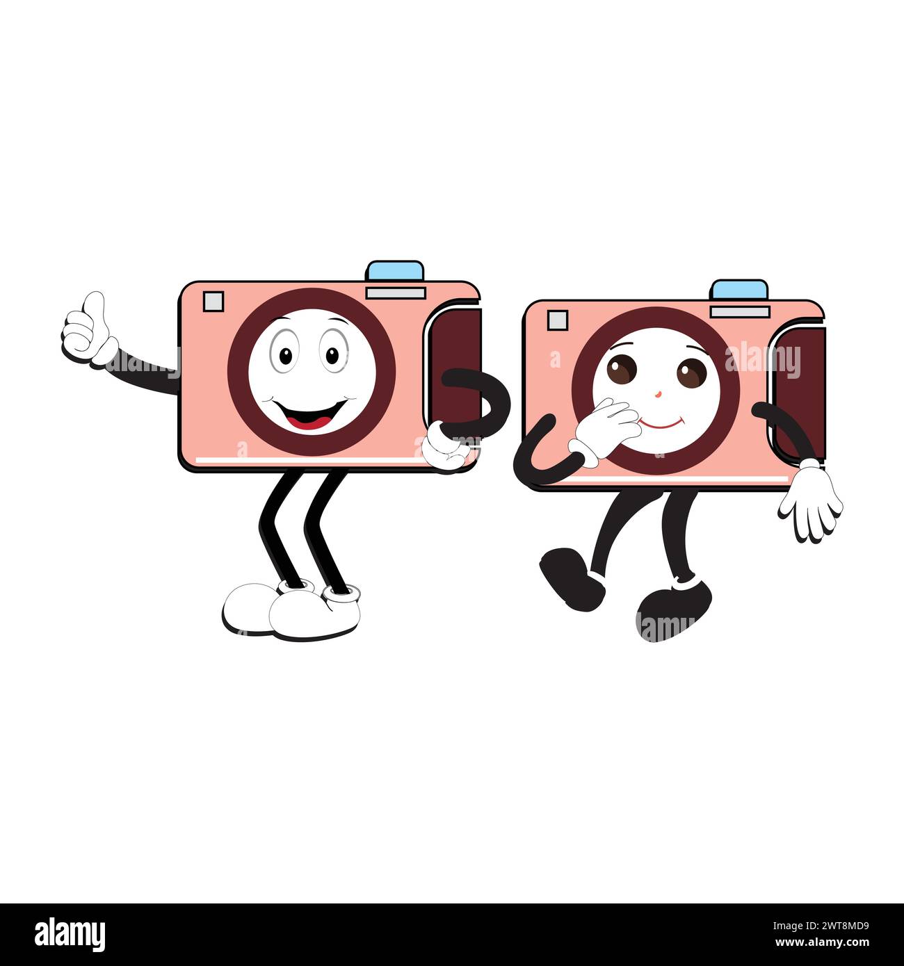 Camera Retro Mascot-Zeichentrickfilm, Kameramaskottchen lächelt und die Daumen hoch. Handgezeichnete Vektorgrafik Stock Vektor