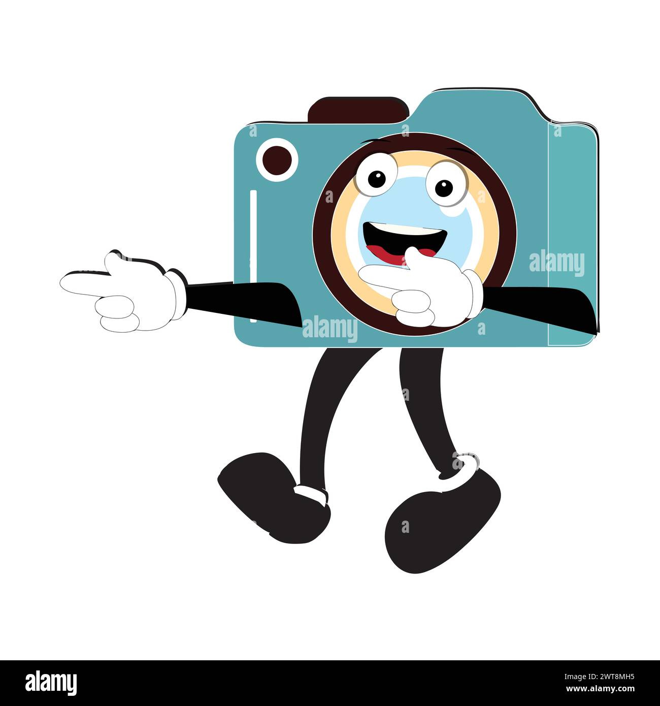 Camera Retro Mascot-Zeichentrickfilm, Kameramaskottchen lächelt und die Daumen hoch. Handgezeichnete Vektorgrafik Stock Vektor