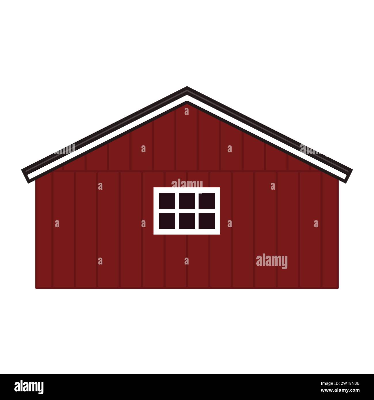 Karikaturrotes Holzscheunenhaus, graues Dach, Fenster mit Brettern. Vektorkontur isolierte handgezeichnete Illustration auf weißem Hintergrund, Vorderansicht Stock Vektor