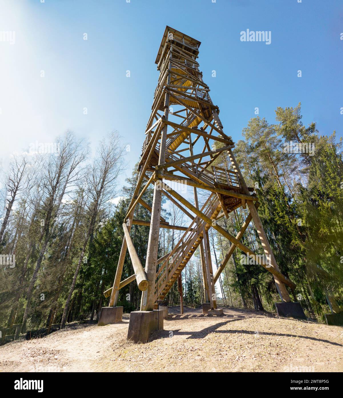 Ein Vogelbeobachtungsturm auf einem Hügel mit Bäumen im Hintergrund Stockfoto